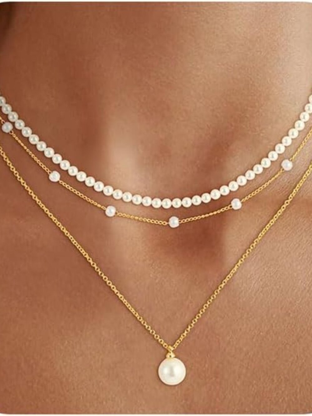 Pearl Necklaces for Women Girls, 18K Gold/Silver Plated Layered Pearl Necklaces